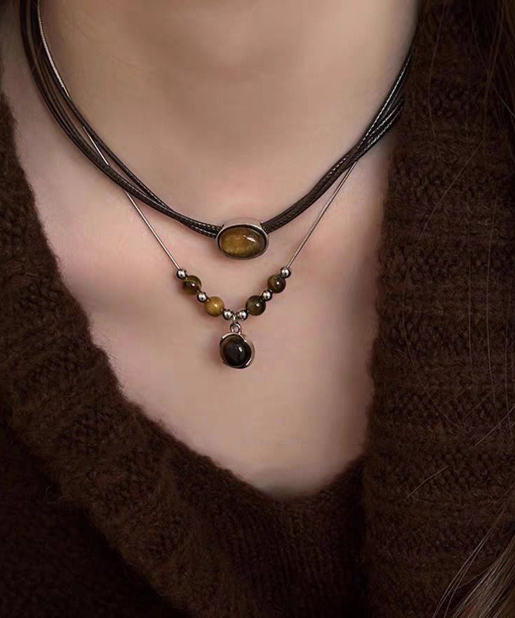 New Leather Patchwork Tiger's Eye Pendant Necklace Two-piece Set