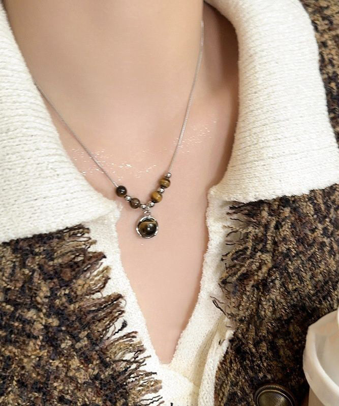 New Leather Patchwork Tiger's Eye Pendant Necklace Two-piece Set