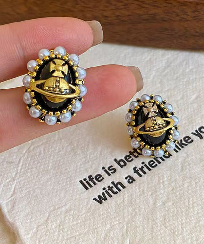 New Black Metal Pearl Stud Earrings