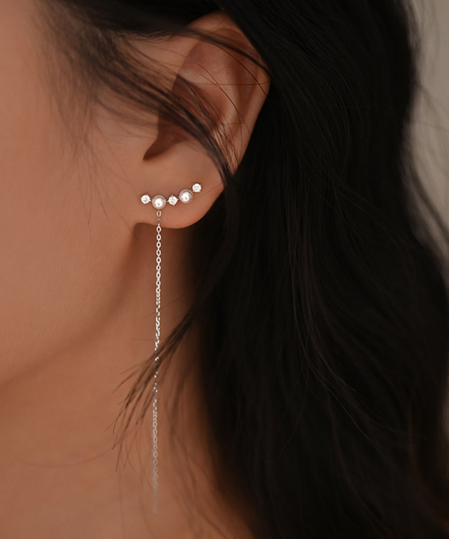 New Silver Tassel Pearl Zircon Silver Drop Earrings