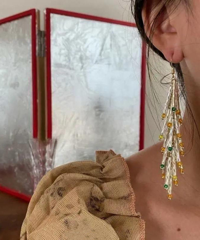 Novelty Silk Sterling Silver Overgild Ear of Wheat Tassel Drop Earrings