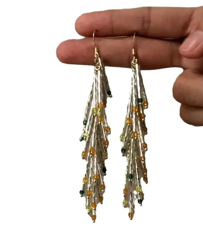 Novelty Silk Sterling Silver Overgild Ear of Wheat Tassel Drop Earrings