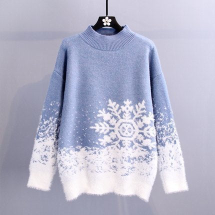 Women's Chunky Knit Sweater with Festive Snowflake Motif and Soft Collar