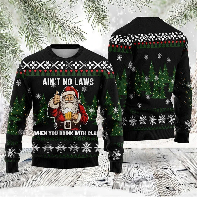 Colorful Santa Claus Cartoon Print - Black Holiday Icon Sweater