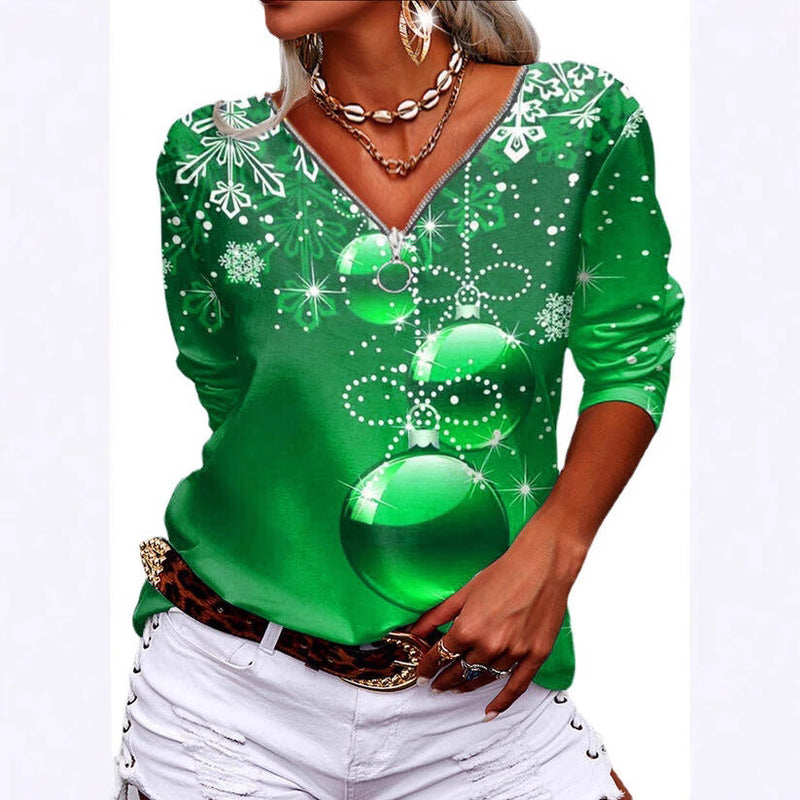 Women's Casual V-Neck Long Sleeve with Festive Ball and Snowflake Print