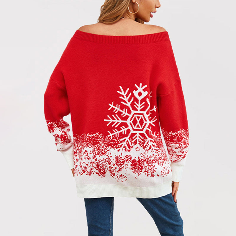 Women's Christmas Knit Sweater with Casual Cut and Snowflake Motif