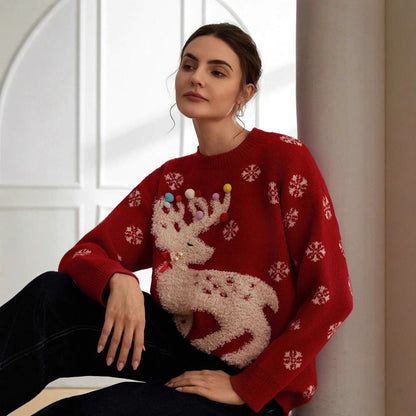 Women's Cozy Christmas Sweater with 3D Reindeer Motif and Colorful Decor