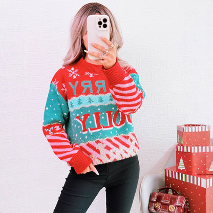 Women's Festive Knit Sweater with Creative Christmas Design