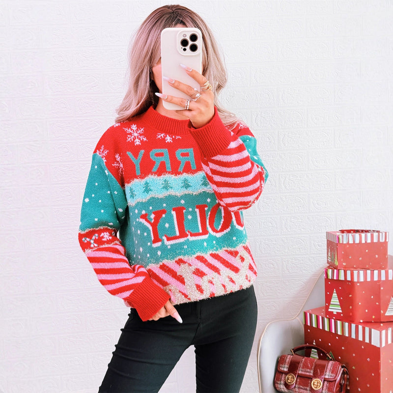 Women's Festive Knit Sweater with Creative Christmas Design