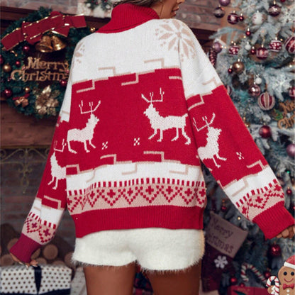 Women's Christmas Sweater with High Collar and Festive Motif