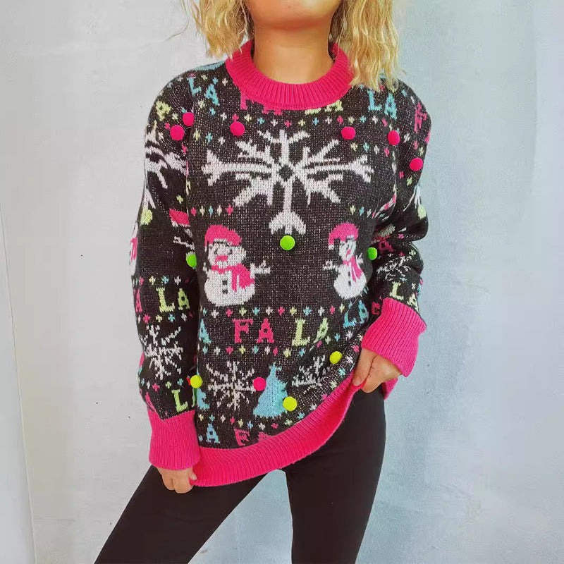 Women's Festive Sweater with Colorful 3D Appliqués and Motif Design