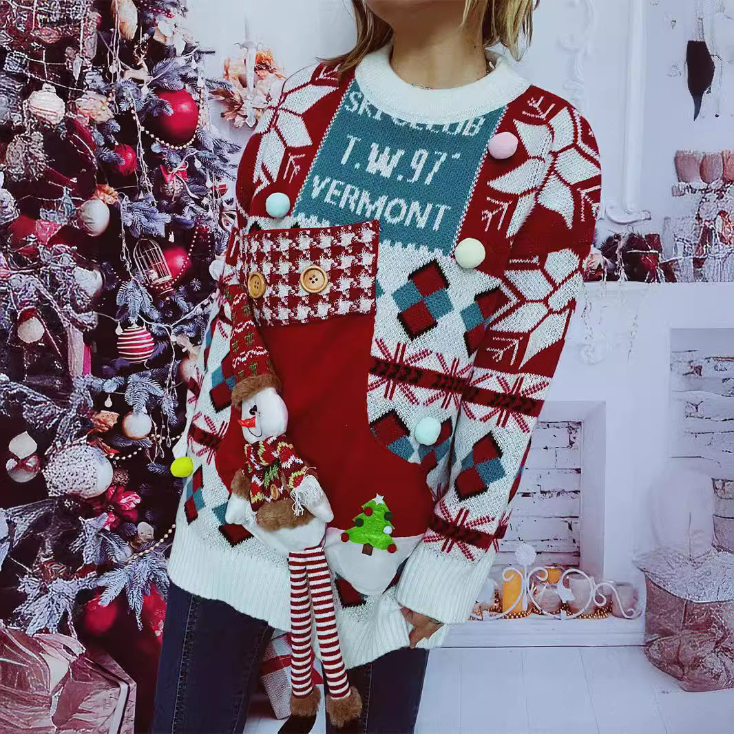 Women's Festive Sweater with Wintry Snowman Motif and Decorative Details R&B