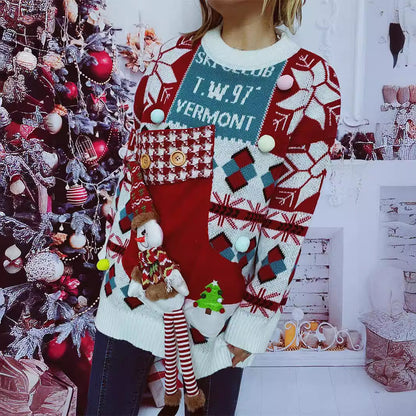 Women's Festive Sweater with Wintry Snowman Motif and Decorative Details R&B
