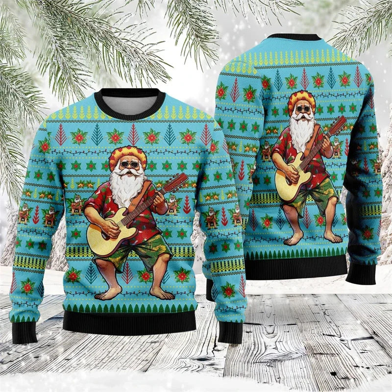Colorful Santa Claus Cartoon Print - Black Holiday Icon Sweater