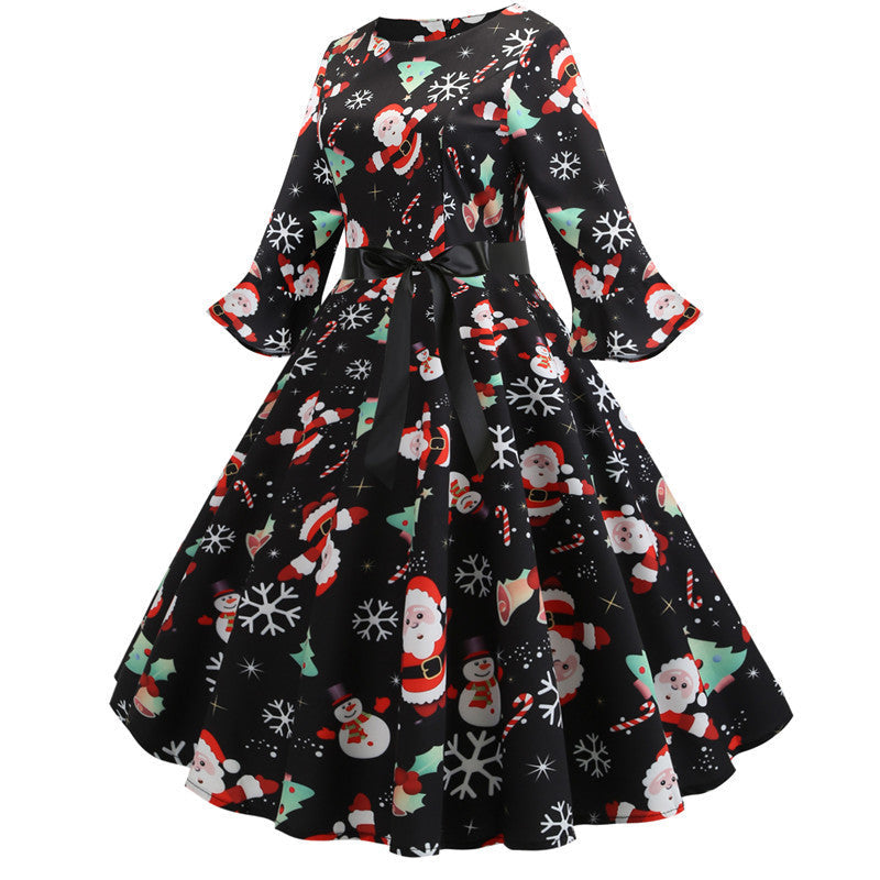 Women's Christmas Festive Dress with Swing Skirt and Long Sleeves