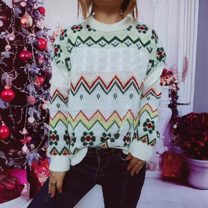 Women's Festive Knit Sweater with Nordic Pattern R&B