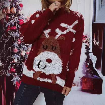Women's Christmas Sweater with Festive Reindeer Motif and Textured Knit R&B