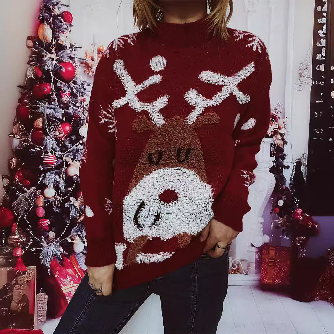 Women's Christmas Sweater with Festive Reindeer Motif and Textured Knit