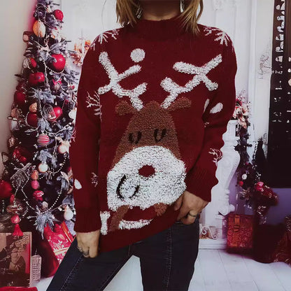 Women's Christmas Sweater with Festive Reindeer Motif and Textured Knit