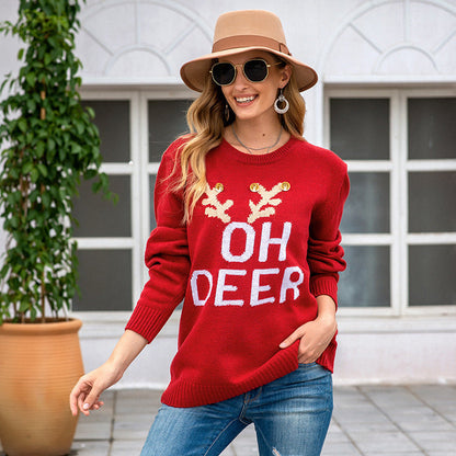 Women's Christmas Sweater with Festive Reindeer Design and Button Details