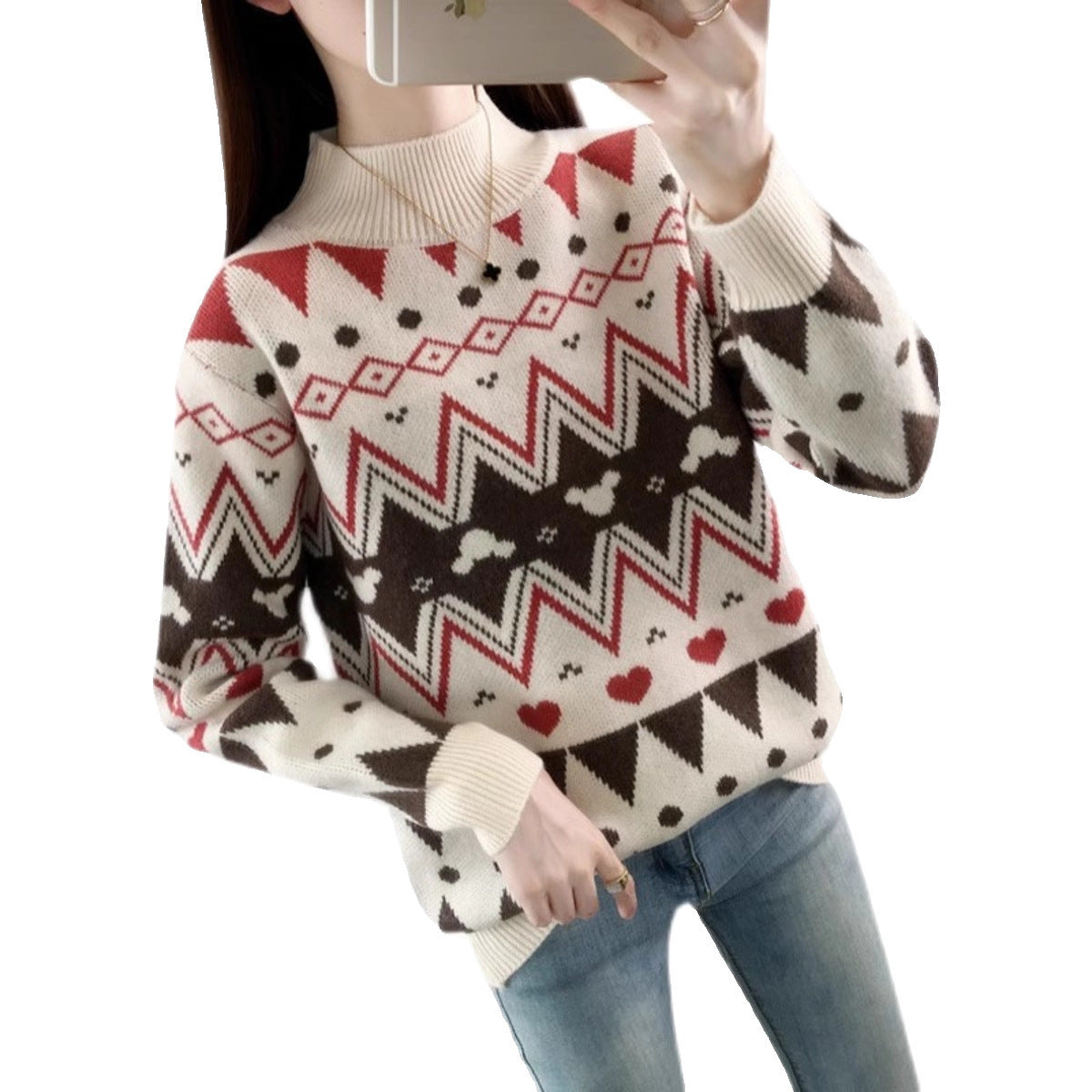 Women's Festive Knit Sweater in Modern Christmas Design with Geometric Pattern and Comfortable Crew Neck R&B