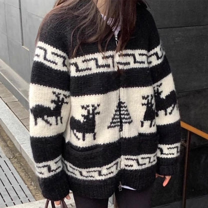 Women's Cozy Zip Cardigan with Festive Motif R&B