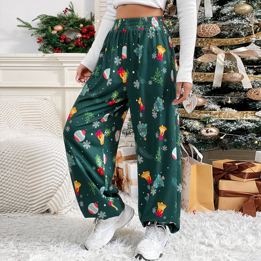 Women's Wide-Leg Pajama Pants with Festive Pattern
