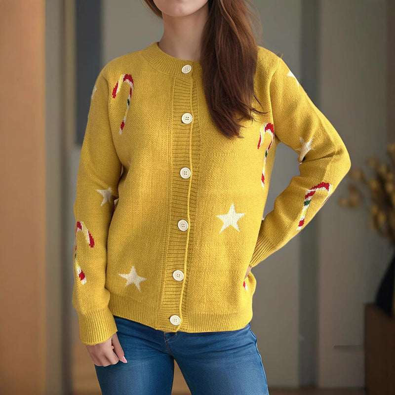 Women's Cardigan with Festive Motif and Decorative Buttons R&B