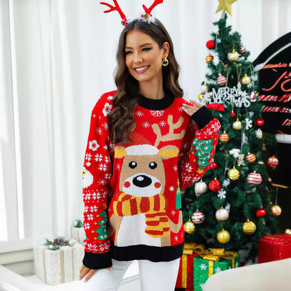 Women's Christmas Sweater with Festive Reindeer Motif and Textured Design