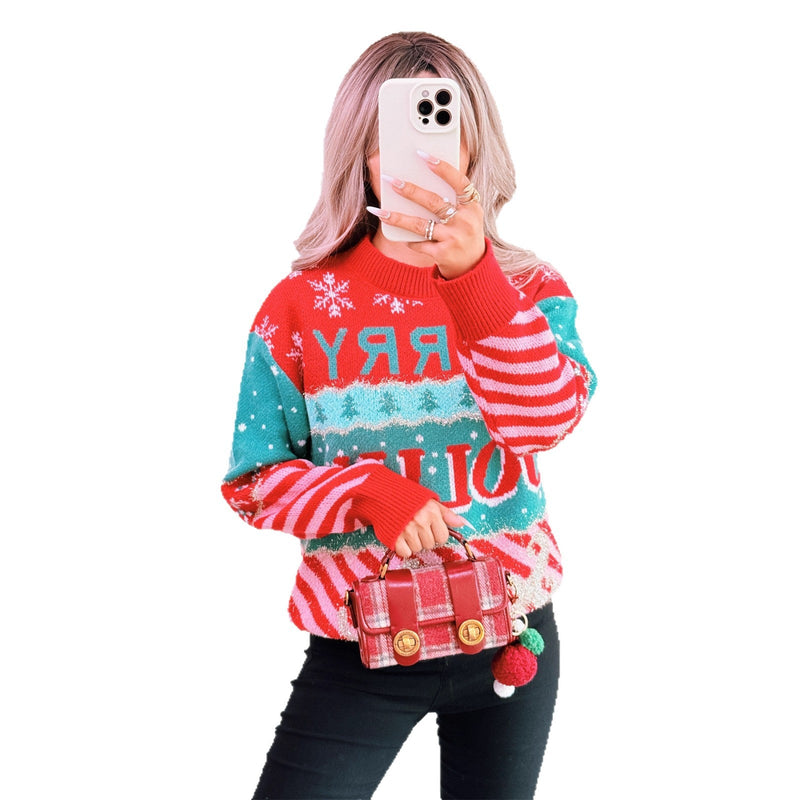 Women's Festive Knit Sweater with Creative Christmas Design