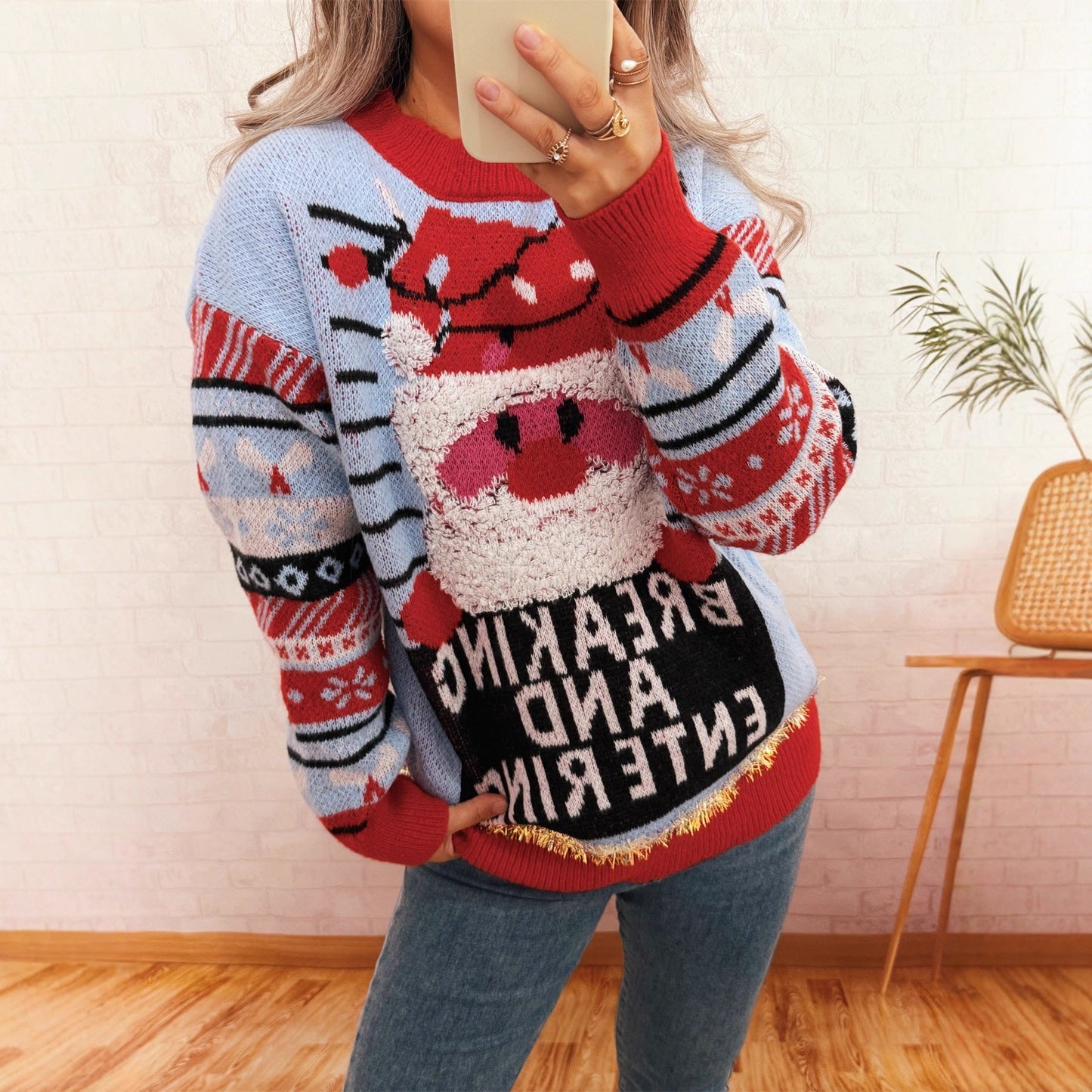 Women's Christmas Sweater with Creative Reindeer Motif and Cheerful Design