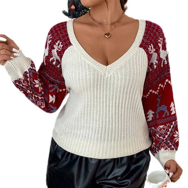 Women's V-Neck Knit Sweater with Festive Pattern and Casual Balloon Sleeves