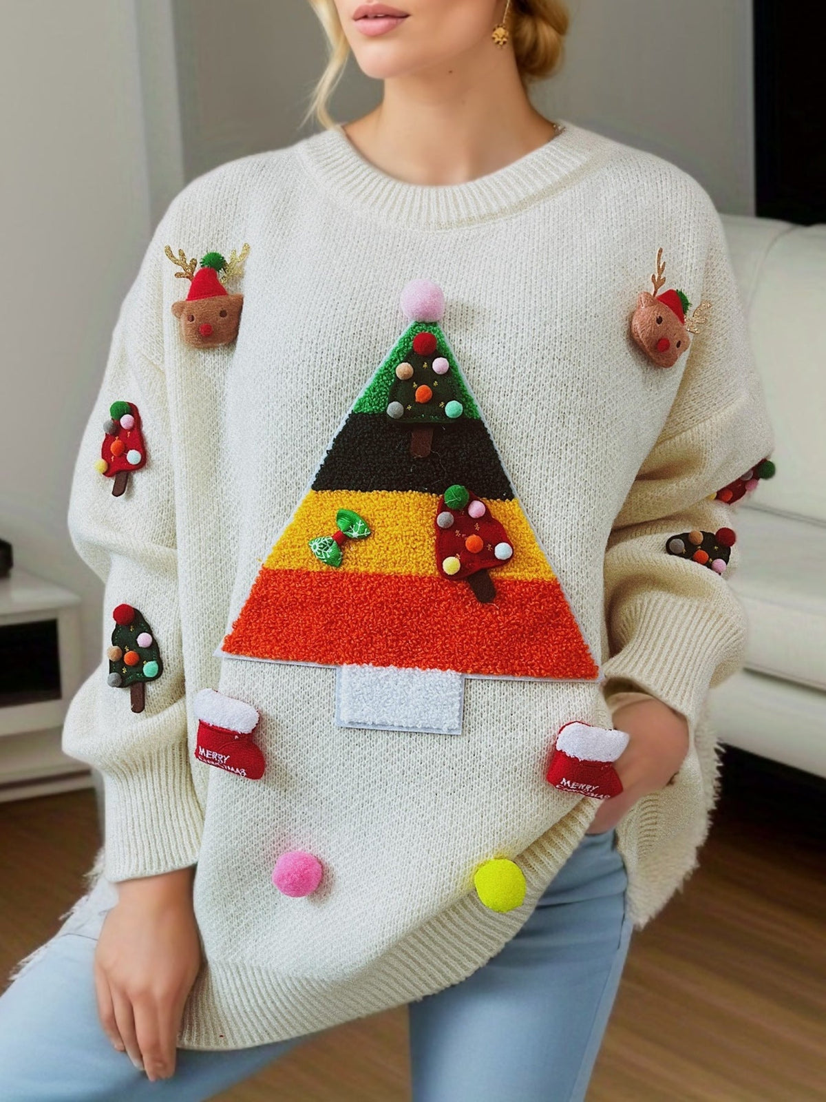 Women's Christmas Sweater with Cheerful Christmas Tree Design and 3D Appliqués R&B
