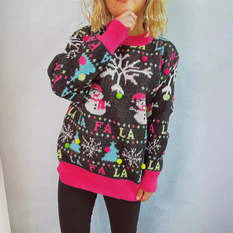 Women's Festive Sweater with Colorful 3D Appliqués and Motif Design