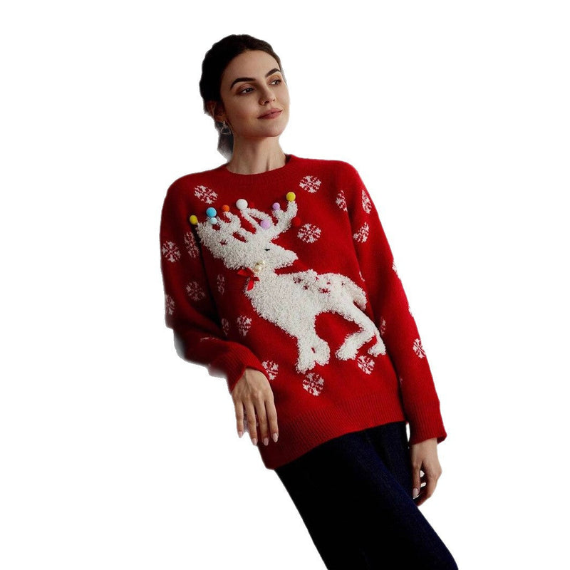 Women's Cozy Christmas Sweater with 3D Reindeer Motif and Colorful Decor