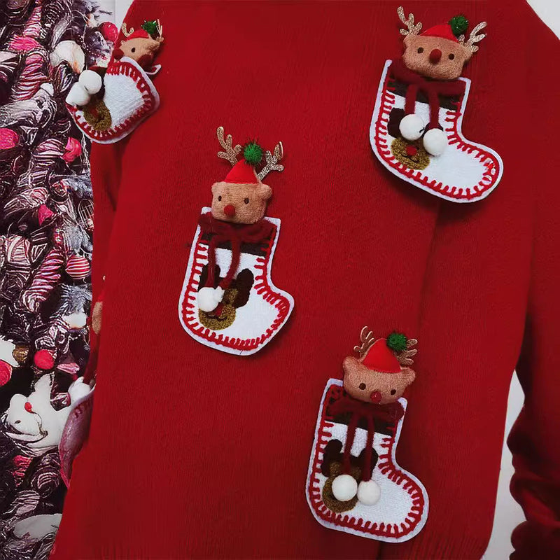 Women's Christmas Knit Sweater with Festive Reindeer Motif and 3D Details R&B