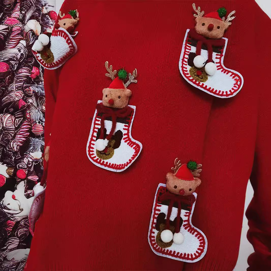 Women's Christmas Knit Sweater with Festive Reindeer Motif and 3D Details