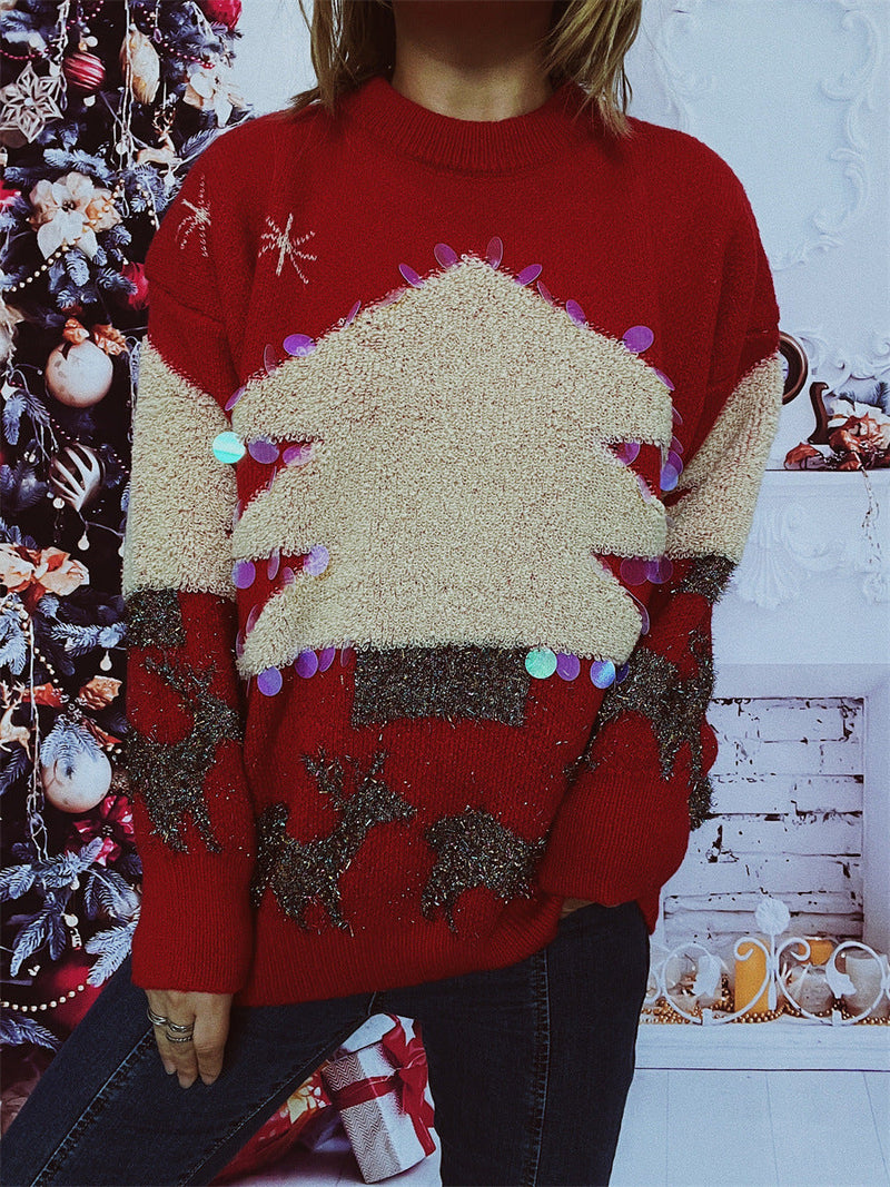 Women's Festive Sweater with Christmas Motif and Glitter Appliqués