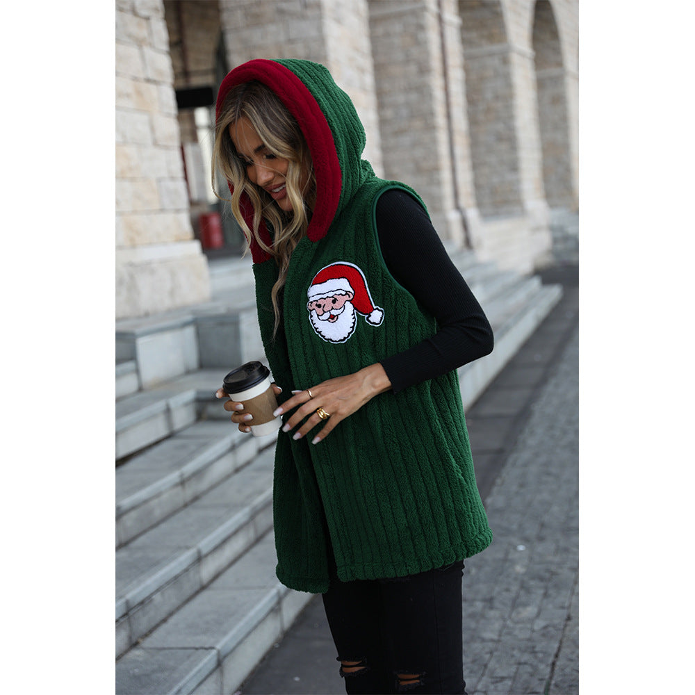 Women's Cozy Fleece Vest with Hood and Festive Embroidery