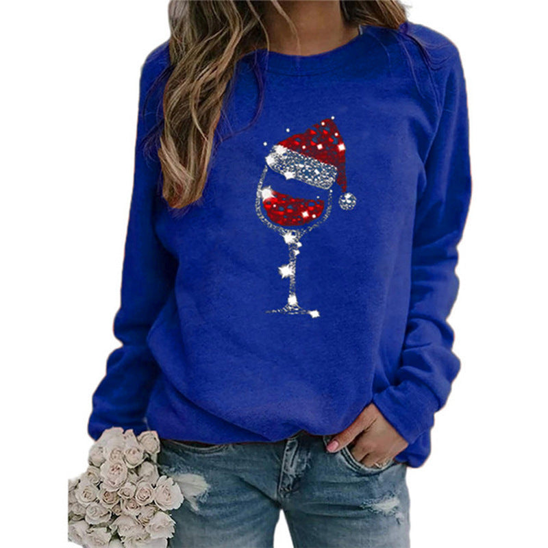 Women's Christmas Sweatshirt with Sequin Wine Glass and Crew Neck