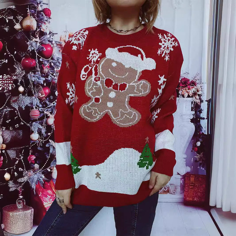 Women's Christmas Sweater with Gingerbread Motif and Crew Neck R&B