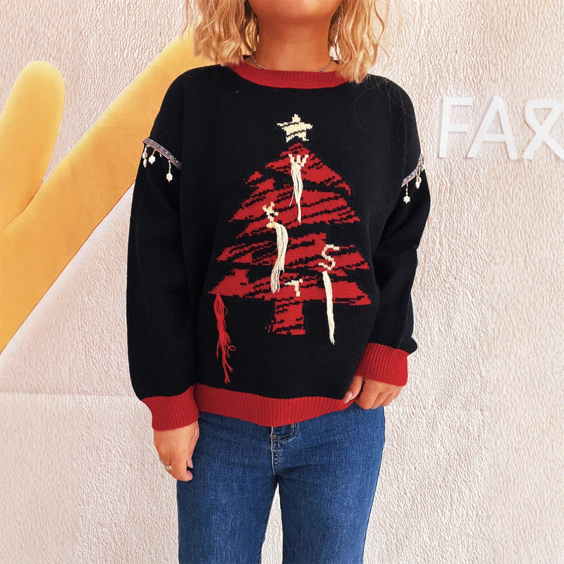 Women's Christmas Sweater with Festive Tree Motif and Elegant Details