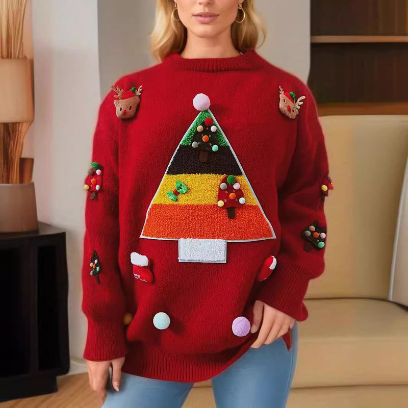 Women's Christmas Sweater with Cheerful Christmas Tree Design and 3D Appliqués R&B