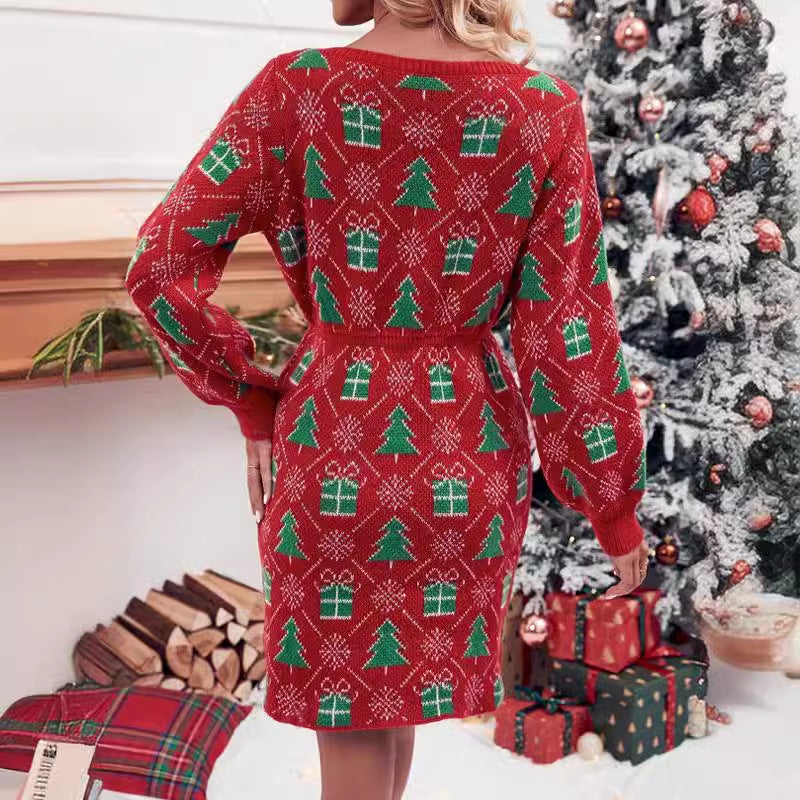 Women's Knit Dress with Festive Christmas Motif and Wide Crew Neck
