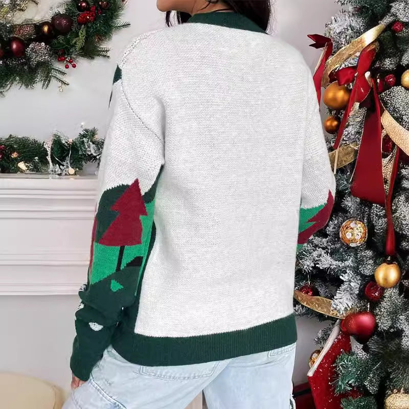 Women's Christmas Sweater with Festive Snow Motif and High Collar