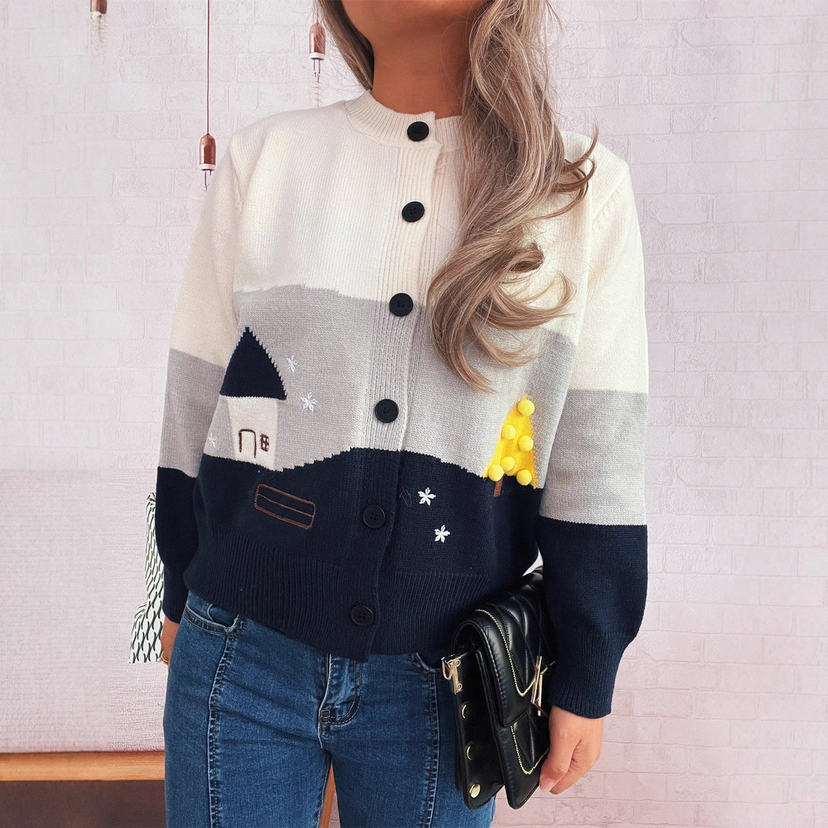 Women's Cardigan with Festive Motif and Button Details