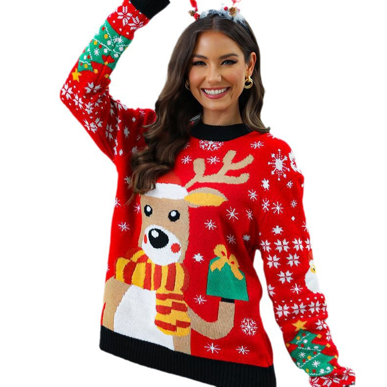 Women's Christmas Sweater with Festive Reindeer Motif and Textured Design
