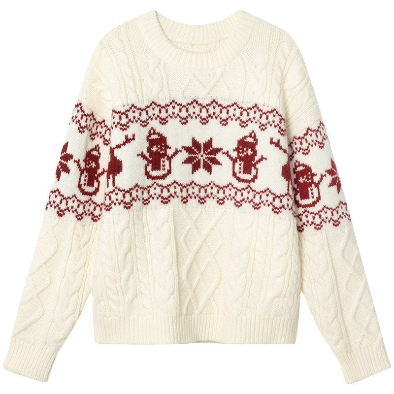 Women's Christmas Sweater with Festive Cable Pattern and Snowman Motif