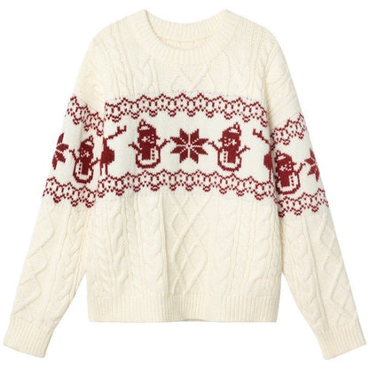 Women's Christmas Sweater with Festive Cable Pattern and Snowman Motif