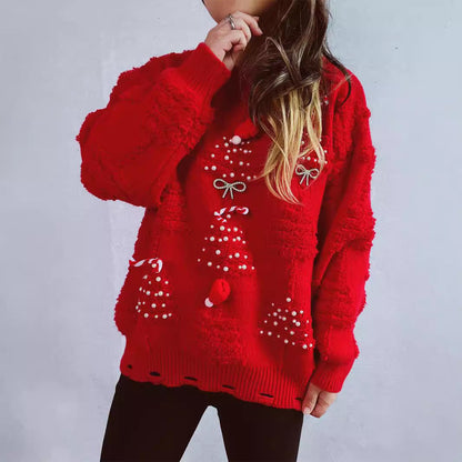 Women's Festive Sweater with Creative Christmas Motifs and Textured Design R&B